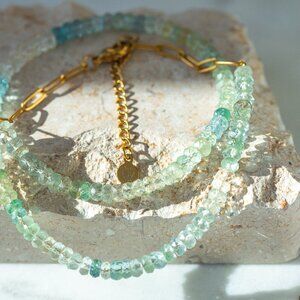 Stunning AQUAMARINE beaded necklace Gold Waterproof Chain non-tarnish gold